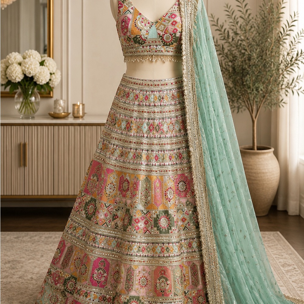 Embellished Multicolor Lehenga Choli with Teal Blue Dupatta